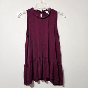Orange Creek Burgundy Mock Neck Peplum Tank Top Sleeveless Keyhole Back Small